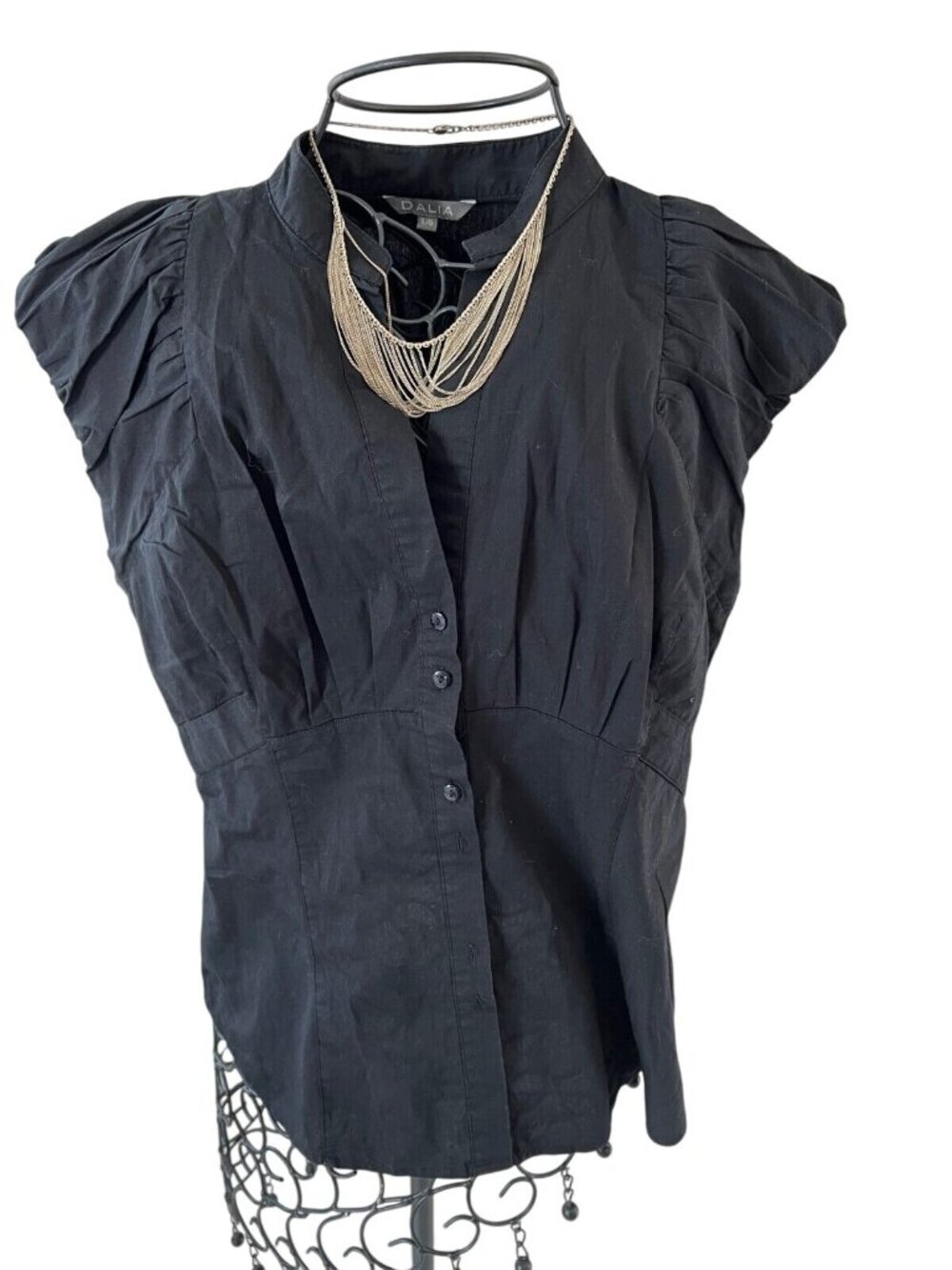 Dalia Black Short Sleeve Button-Up Blouse With Ruched Shoulders Size L